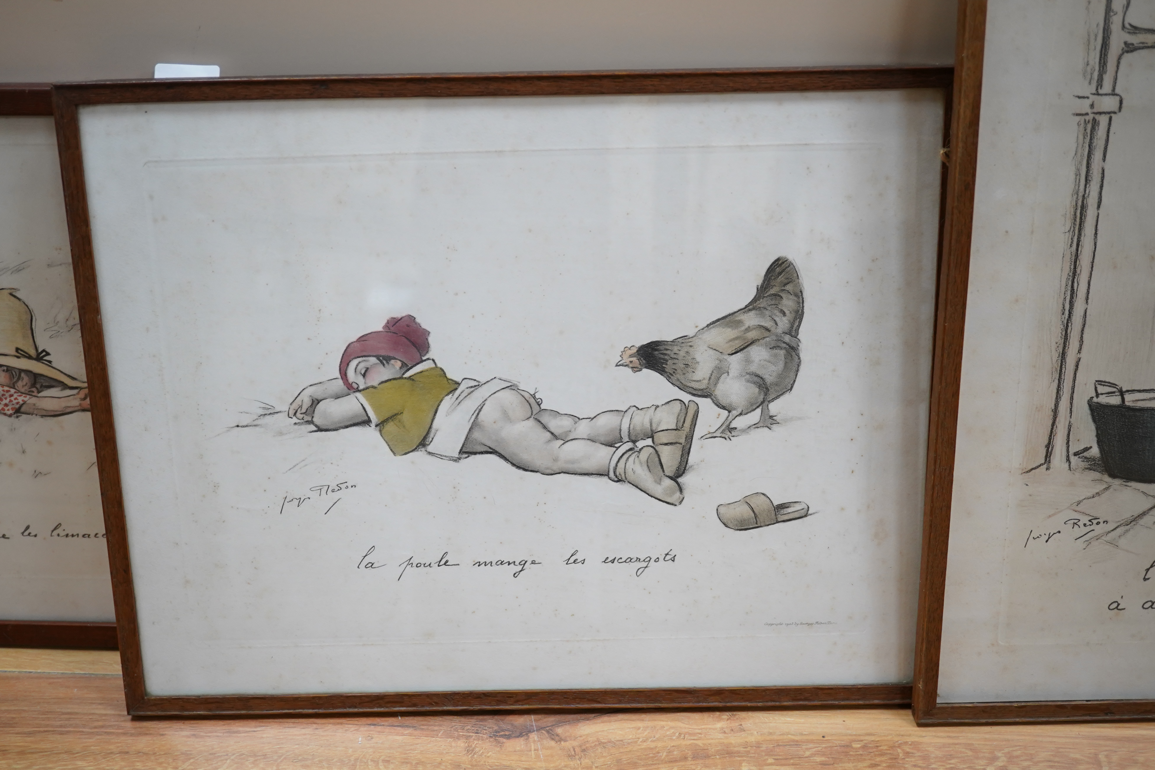 After Georges Redon (French, 1869-1943), four humourous colour etchings to include 'L'eau N'est pas Bonne à autre chose', copywright Georges Redon, Paris, each 28 x 39cm. Condition - poor to fair, foxing throughout